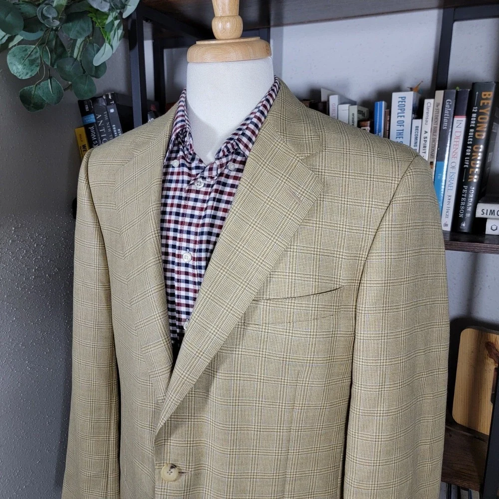Samuelsohn SB ANDREW Men's Sport Coat Blazer Two Button‎ Beige Plaid Wool 42L
